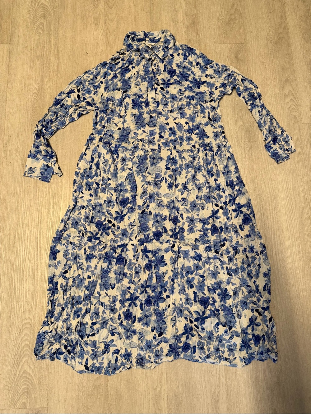 Blue Floral Button-Front Long Sleeve Maxi Dress